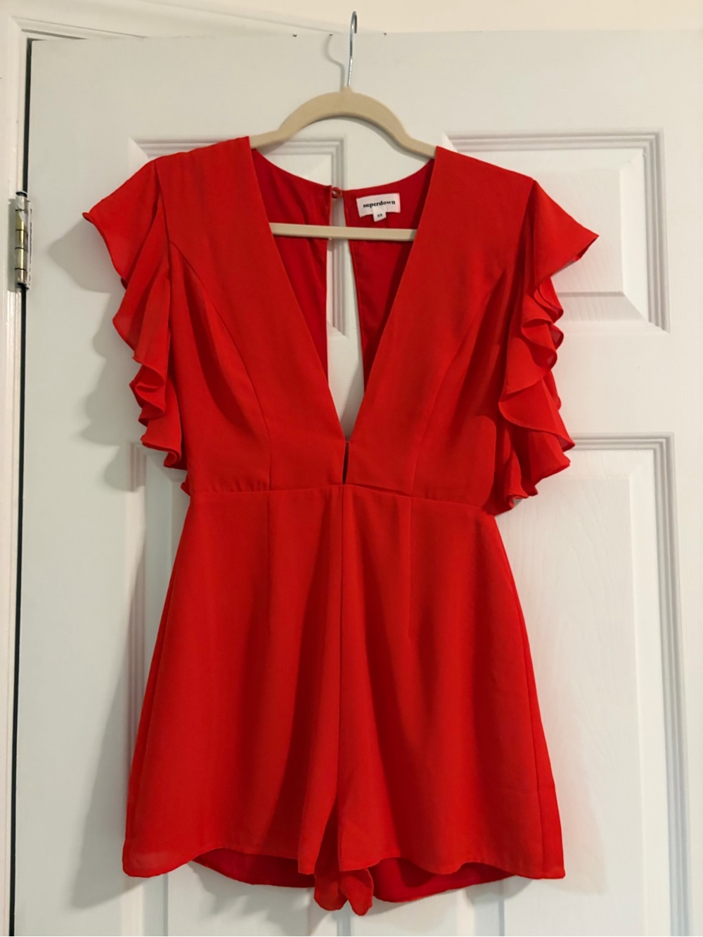 superdown Red Ruffle Sleeve Deep V One-Piece Romper